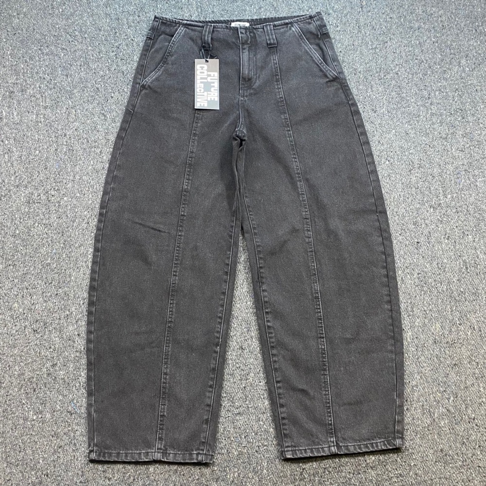 Future Collective Wide Leg Pants Sz 6 Womens Black Skater Front Seam Denim Baggy
